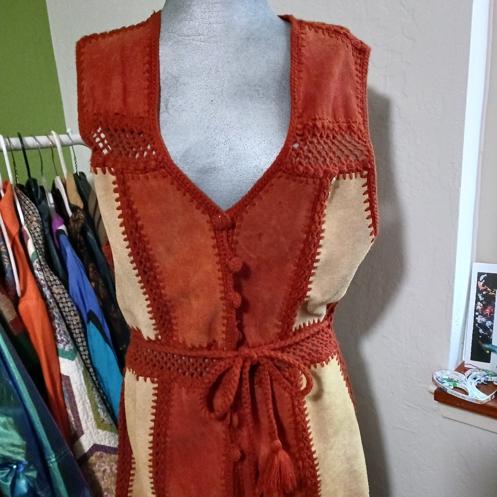 Vintage 1970's leather and crochet vest